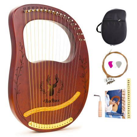 Lyre Harp, 16 Metal Strings,Whole Mahogany Body Made Without Splices, Easy to Carry Instrument, With Spare Strings, Bag，Picks, Tuning Lever, Music Manual