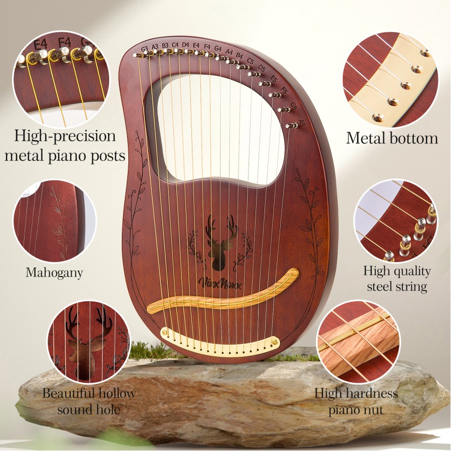 Lyre Harp, 16 Metal Strings,Whole Mahogany Body Made Without Splices, Easy to Carry Instrument, With Spare Strings, Bag,Picks, Tuning Lever, Music Manual Lyre Harp, 16 Metal Strings,Whole Mahogany Body Made Without Splices, Easy to Carry Instrument, With Spare Strings, Bag,Picks, Tuning Lever, Music Manual