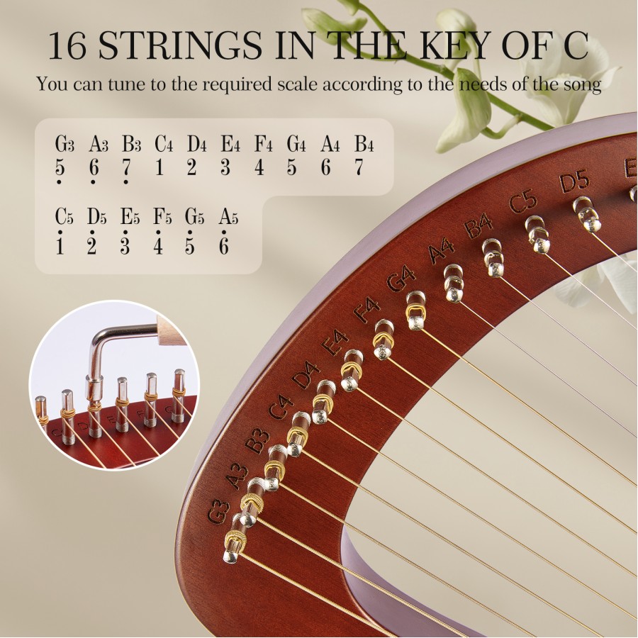 Lyre Harp, 16 Metal Strings,Whole Mahogany Body Made Without Splices, Easy to Carry Instrument, With Spare Strings, Bag,Picks, Tuning Lever, Music Manual Lyre Harp, 16 Metal Strings,Whole Mahogany Body Made Without Splices, Easy to Carry Instrument, With Spare Strings, Bag,Picks, Tuning Lever, Music Manual