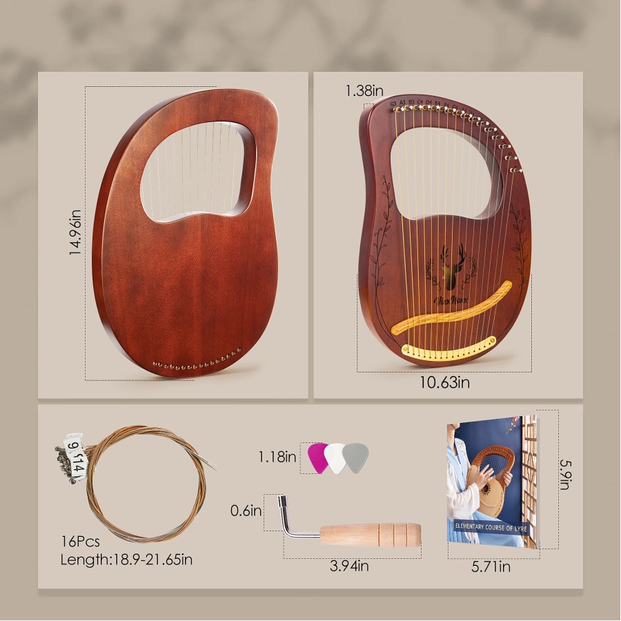 Lyre Harp, 16 Metal Strings,Whole Mahogany Body Made Without Splices, Easy to Carry Instrument, With Spare Strings, Bag,Picks, Tuning Lever, Music Manual Lyre Harp, 16 Metal Strings,Whole Mahogany Body Made Without Splices, Easy to Carry Instrument, With Spare Strings, Bag,Picks, Tuning Lever, Music Manual