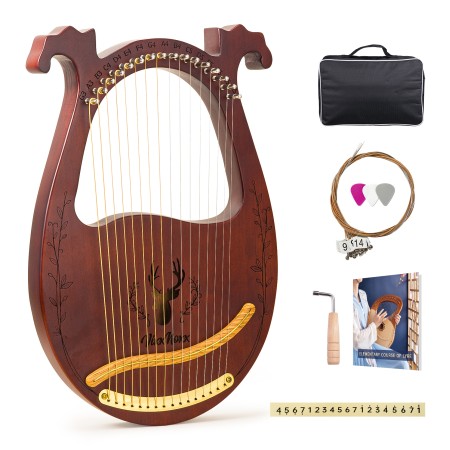 Lyre Harp, 16 Strings Mahogany Acoustic Harp with Extra Strings, Picks, Tuning Lever, Black Gig Bag, Beginner's Manual for Lyre