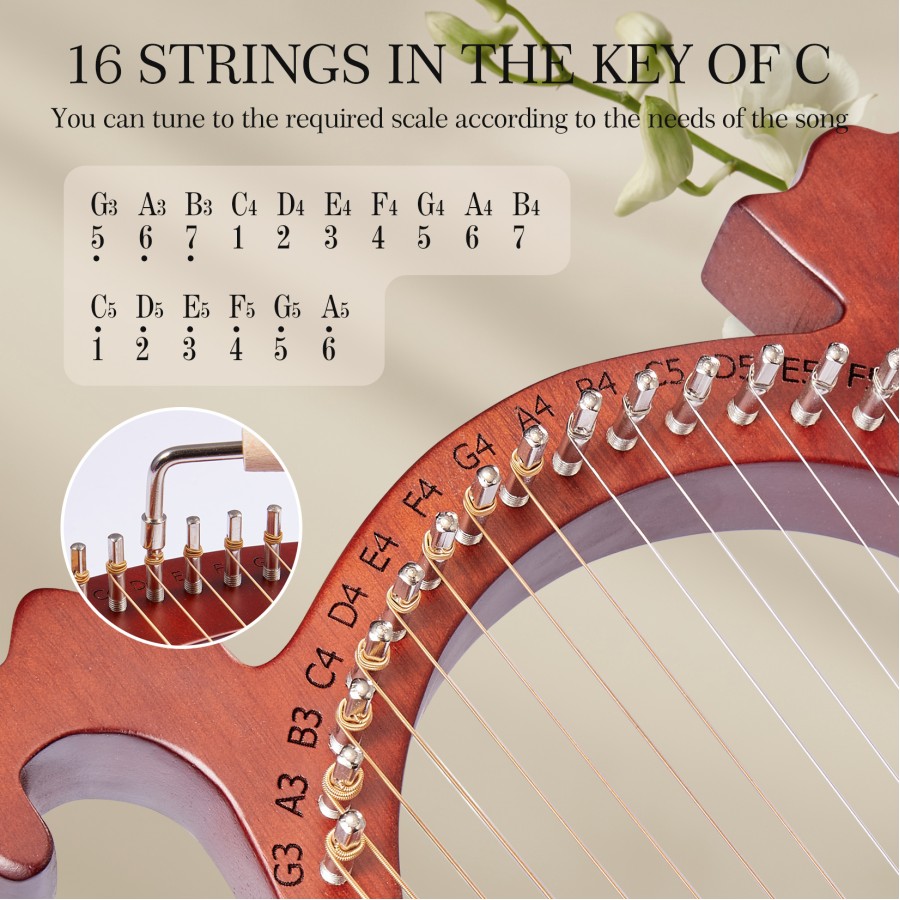 Lyre Harp, 16 Strings Mahogany Acoustic Harp with Extra Strings, Picks, Tuning Lever, Black Gig Bag, Beginner's Manual for Lyre Lyre Harp, 16 Strings Mahogany Acoustic Harp with Extra Strings, Picks, Tuning Lever, Black Gig Bag, Beginner's Manual for Lyre