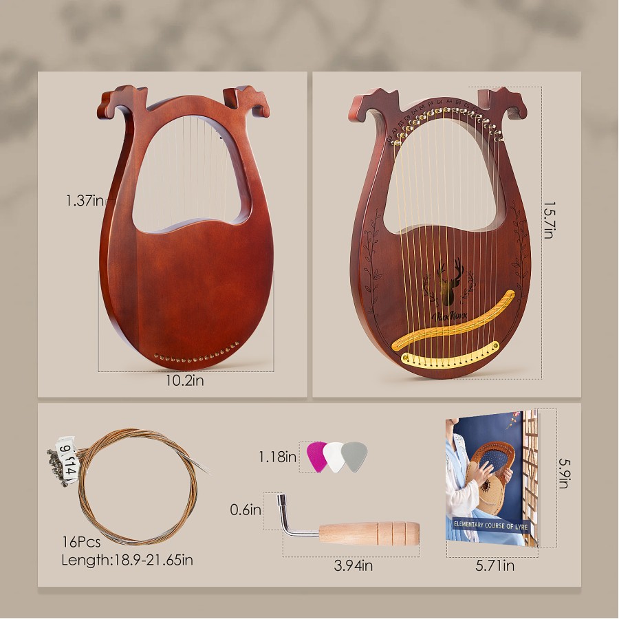 Lyre Harp, 16 Strings Mahogany Acoustic Harp with Extra Strings, Picks, Tuning Lever, Black Gig Bag, Beginner's Manual for Lyre Lyre Harp, 16 Strings Mahogany Acoustic Harp with Extra Strings, Picks, Tuning Lever, Black Gig Bag, Beginner's Manual for Lyre