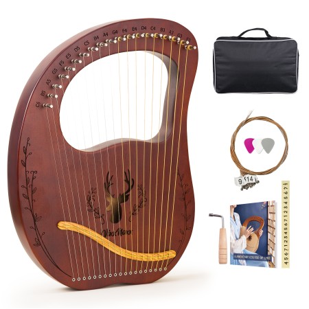 Lyre Harp, 19-String Mahogany Lyra Harp Kit, Stringed Musical Instruments with Tuning Wrench Bag Instructions Extra Strings for Beginners Adults