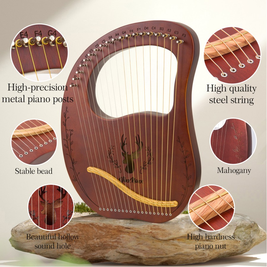 Lyre Harp, 19-String Mahogany Lyra Harp Kit, Stringed Musical Instruments with Tuning Wrench Bag Instructions Extra Strings for Beginners Adults Lyre Harp, 19-String Mahogany Lyra Harp Kit, Stringed Musical Instruments with Tuning Wrench Bag Instructions Extra Strings for Beginners Adults