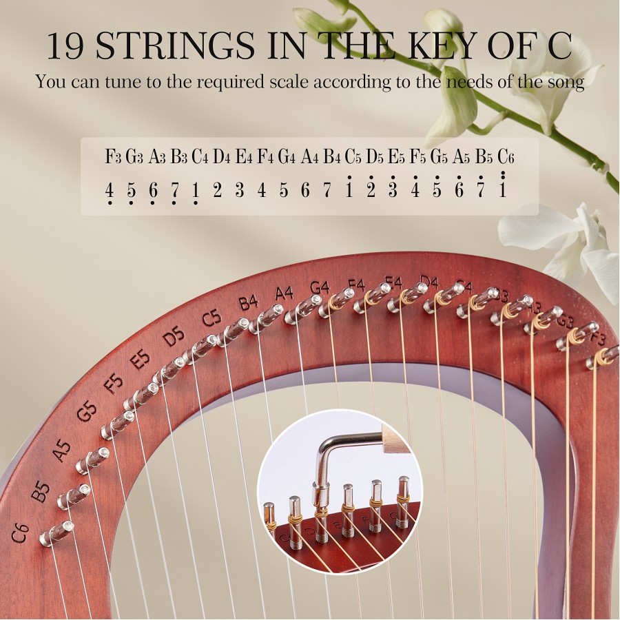 Lyre Harp, 19-String Mahogany Lyra Harp Kit, Stringed Musical Instruments with Tuning Wrench Bag Instructions Extra Strings for Beginners Adults Lyre Harp, 19-String Mahogany Lyra Harp Kit, Stringed Musical Instruments with Tuning Wrench Bag Instructions Extra Strings for Beginners Adults
