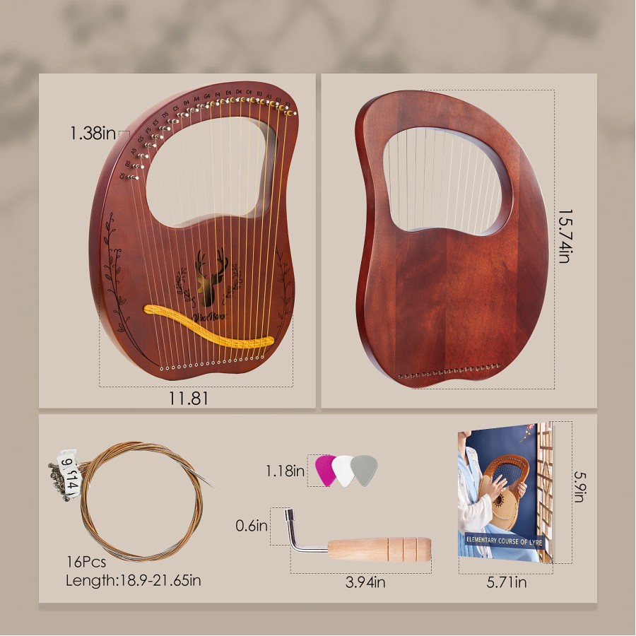 Lyre Harp, 19-String Mahogany Lyra Harp Kit, Stringed Musical Instruments with Tuning Wrench Bag Instructions Extra Strings for Beginners Adults Lyre Harp, 19-String Mahogany Lyra Harp Kit, Stringed Musical Instruments with Tuning Wrench Bag Instructions Extra Strings for Beginners Adults