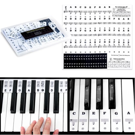 Reusable Piano Keyboard Stickers, Full Size Keyboard for 88/76/61/54/49/37 Keys, Removable Silicone Piano Key Stickers for Beginners, Piano Note Labels with Storage Box (Black)