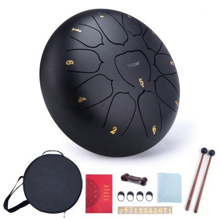 Steel Tongue Drum, 10 Inch 11 Note Rain Drum for Outside Garden, Chakra Tank Drum Rain Chime, Handpan C Key Musical Percussion Instrument Kit with Bag Mallets (Black)
