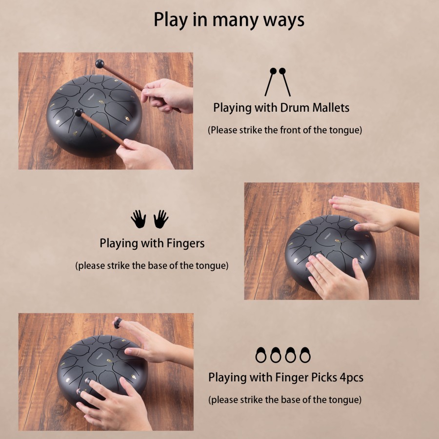 Steel Tongue Drum, 10 Inch 11 Note Rain Drum for Outside Garden, Chakra Tank Drum Rain Chime, Handpan C Key Musical Percussion Instrument Kit with Bag Mallets (Black) Steel Tongue Drum, 10 Inch 11 Note Rain Drum for Outside Garden, Chakra Tank Drum Rain Chime, Handpan C Key Musical Percussion Instrument Kit with Bag Mallets (Black)