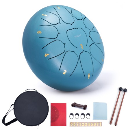 Steel Tongue Drum, 10 Inch 11 Note Rain Drum for Outside Garden, Chakra Tank Drum Rain Chime, Handpan C Key Musical Percussion Instrument Kit with Bag Mallets (Moss Blue)