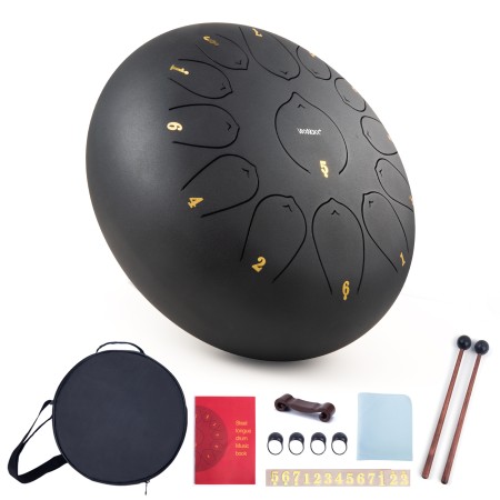 Steel Tongue Drum, 12 Inch 13 Note Rain Drum for Outside Garden, Chakra Tank Drum Rain Chime, Handpan C Key Musical Percussion Instrument Kit with Bag Mallets (Black)