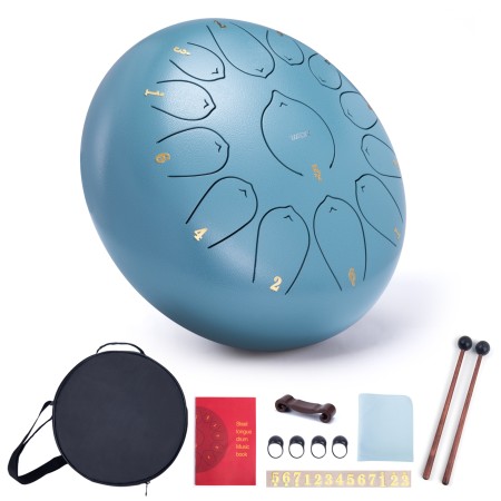 Steel Tongue Drum, 12 Inch 13 Note Rain Drum for Outside Garden, Chakra Tank Drum Rain Chime, Handpan C Key Musical Percussion Instrument Kit with Bag Mallets (Moss Blue)
