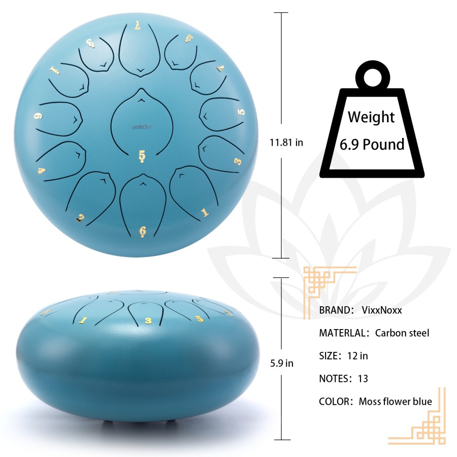 Steel Tongue Drum, 12 Inch 13 Note Rain Drum for Outside Garden, Chakra Tank Drum Rain Chime, Handpan C Key Musical Percussion Instrument Kit with Bag Mallets (Moss Blue) Steel Tongue Drum, 12 Inch 13 Note Rain Drum for Outside Garden, Chakra Tank Drum Rain Chime, Handpan C Key Musical Percussion Instrument Kit with Bag Mallets (Moss Blue)