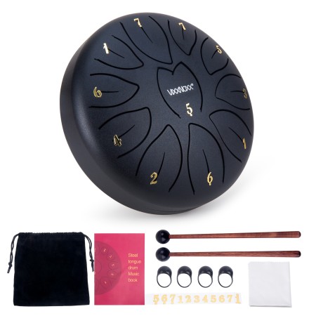 Steel Tongue Drum, 6 Inch 11 Note Rain Drum for Outside Garden, Chakra Tank Drum Rain Chime, Handpan C Key Musical Percussion Instrument Kit with Bag Mallets (Black)