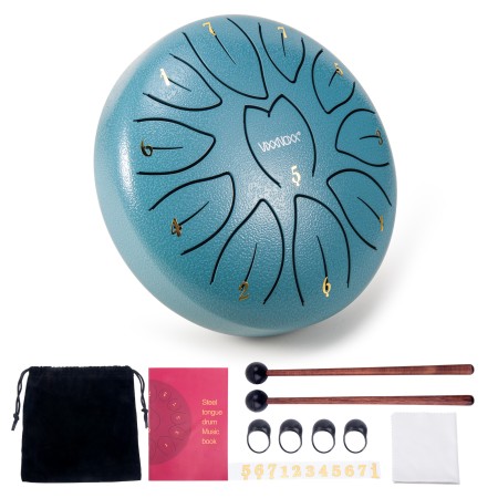 Steel Tongue Drum, 6 Inch 11 Note Rain Drum for Outside Garden, Chakra Tank Drum Rain Chime, Handpan C Key Musical Percussion Instrument Kit with Bag Mallets (Moss Blue)