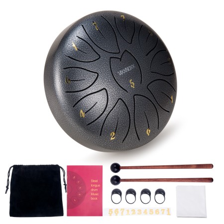 Steel Tongue Drum, 6 Inch 11 Note Rain Drum for Outside Garden, Chakra Tank Drum Rain Chime, Handpan C Key Musical Percussion Instrument Kit with Bag Mallets (Sliver Grey)