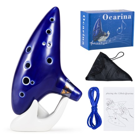 Zelda Ocarina 12 Hole Alto C, Ocarina of Time Replica, Sound Healing Instruments for Adult Beginners with Tutorial Display Stand (Navy Blue)