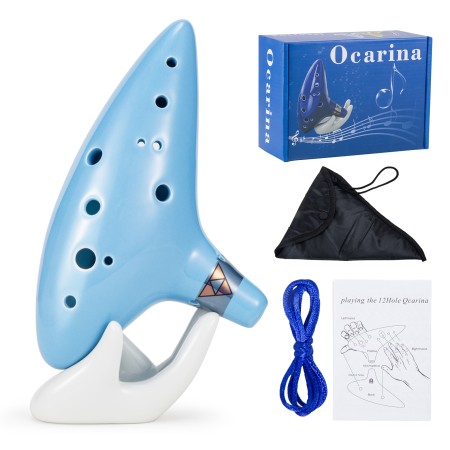 Zelda Ocarina 12 Hole Alto C, Ocarina of Time Replica, Sound Healing Instruments for Adult Beginners with Tutorial Display Stand (Sky Blue)